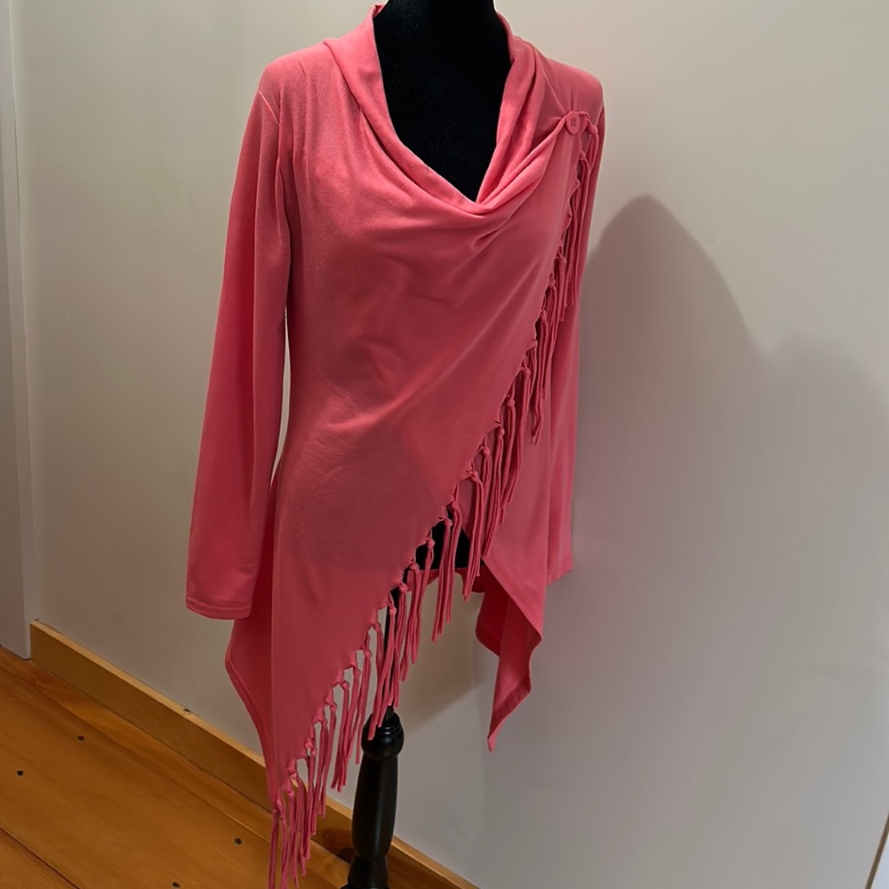 Cowl neck pink / coral fringe sweater